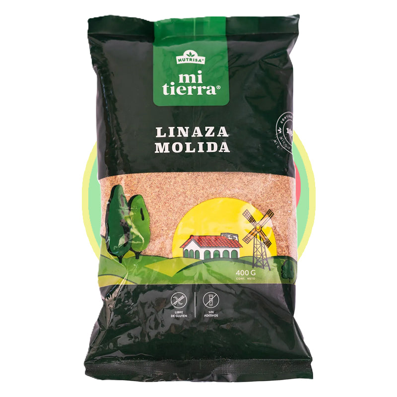 Harina de linaza Mi Tierra Nutrisa 400 g, rica en fibra y omega-3, ideal para recetas de repostería o como suplemento nutricional sin gluten