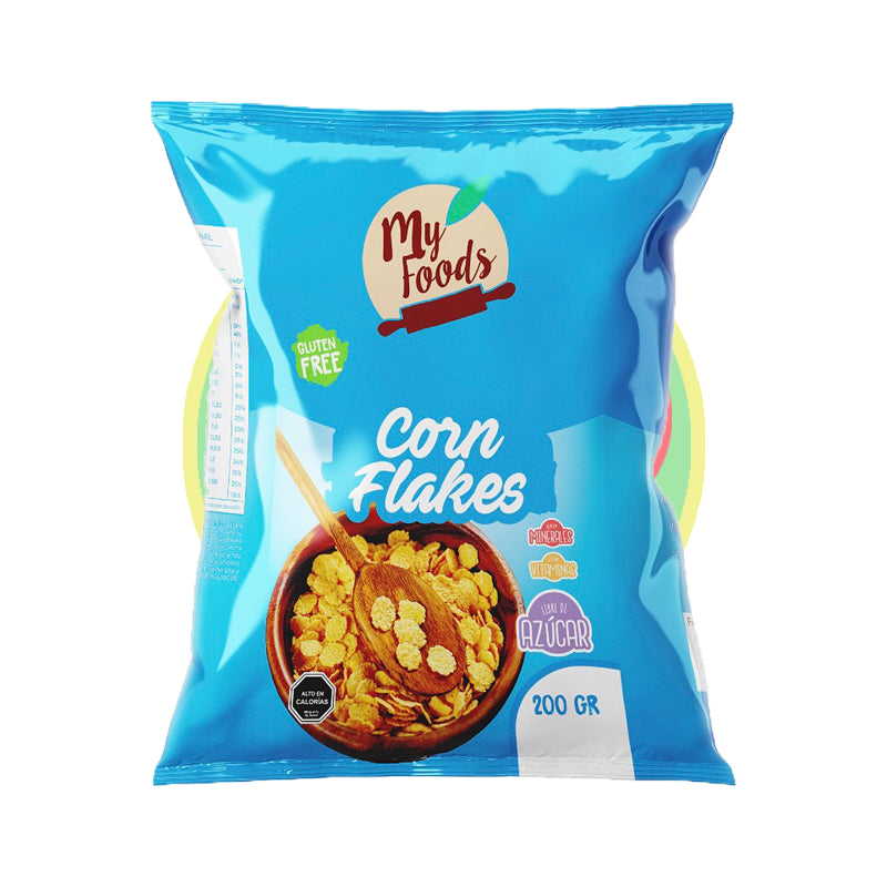Corn Flakes sin azúcar My Foods 200 g, crujientes y saludables, sin gluten, ideales para un desayuno ligero y nutritivo
